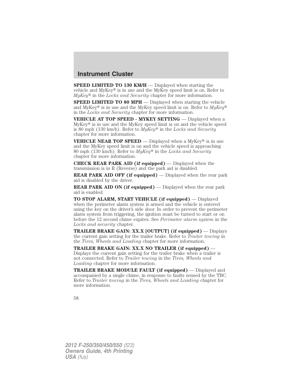 Instrument cluster | FORD 2012 F-250 User Manual | Page 58 / 448