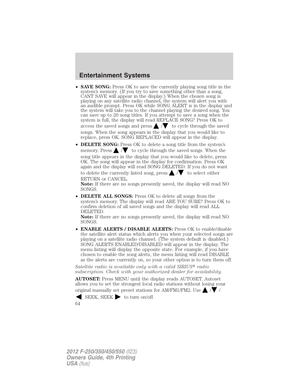 Entertainment systems | FORD 2012 F-250 User Manual | Page 64 / 448