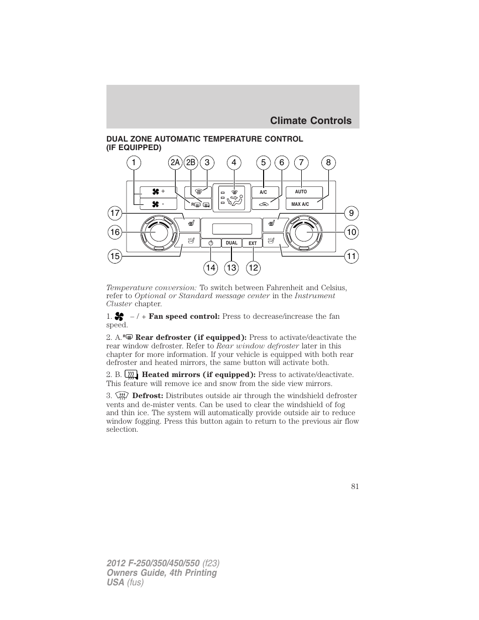 Dual electronic automatic temperature control, Climate controls | FORD 2012 F-250 User Manual | Page 81 / 448