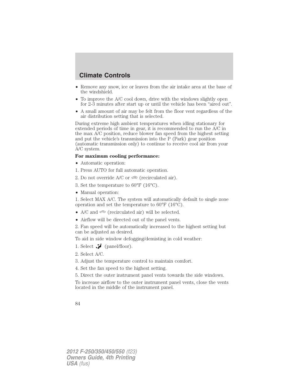 Climate controls | FORD 2012 F-250 User Manual | Page 84 / 448