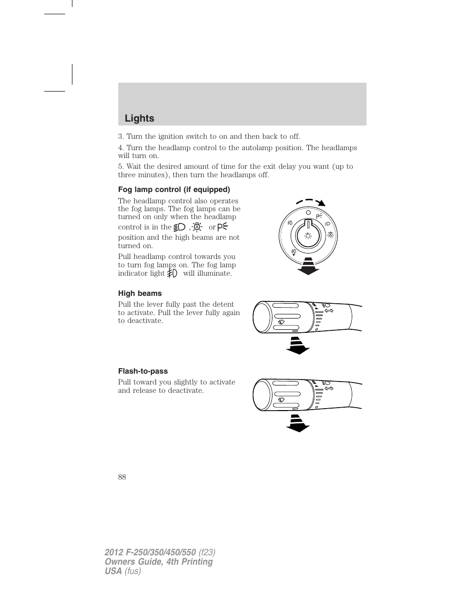 Fog lamp control (if equipped), High beams, Flash-to-pass | Lights | FORD 2012 F-250 User Manual | Page 88 / 448