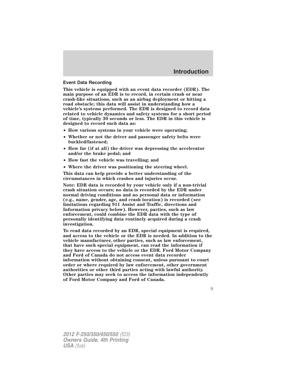 Event data recording, Introduction | FORD 2012 F-250 User Manual | Page 9 / 448