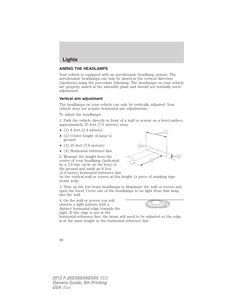 Aiming the headlamps, Vertical aim adjustment, Lights | FORD 2012 F-250 User Manual | Page 90 / 448
