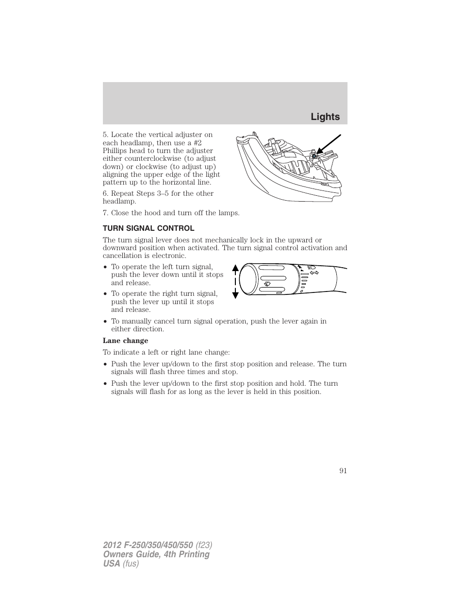 Turn signal control, Lights | FORD 2012 F-250 User Manual | Page 91 / 448