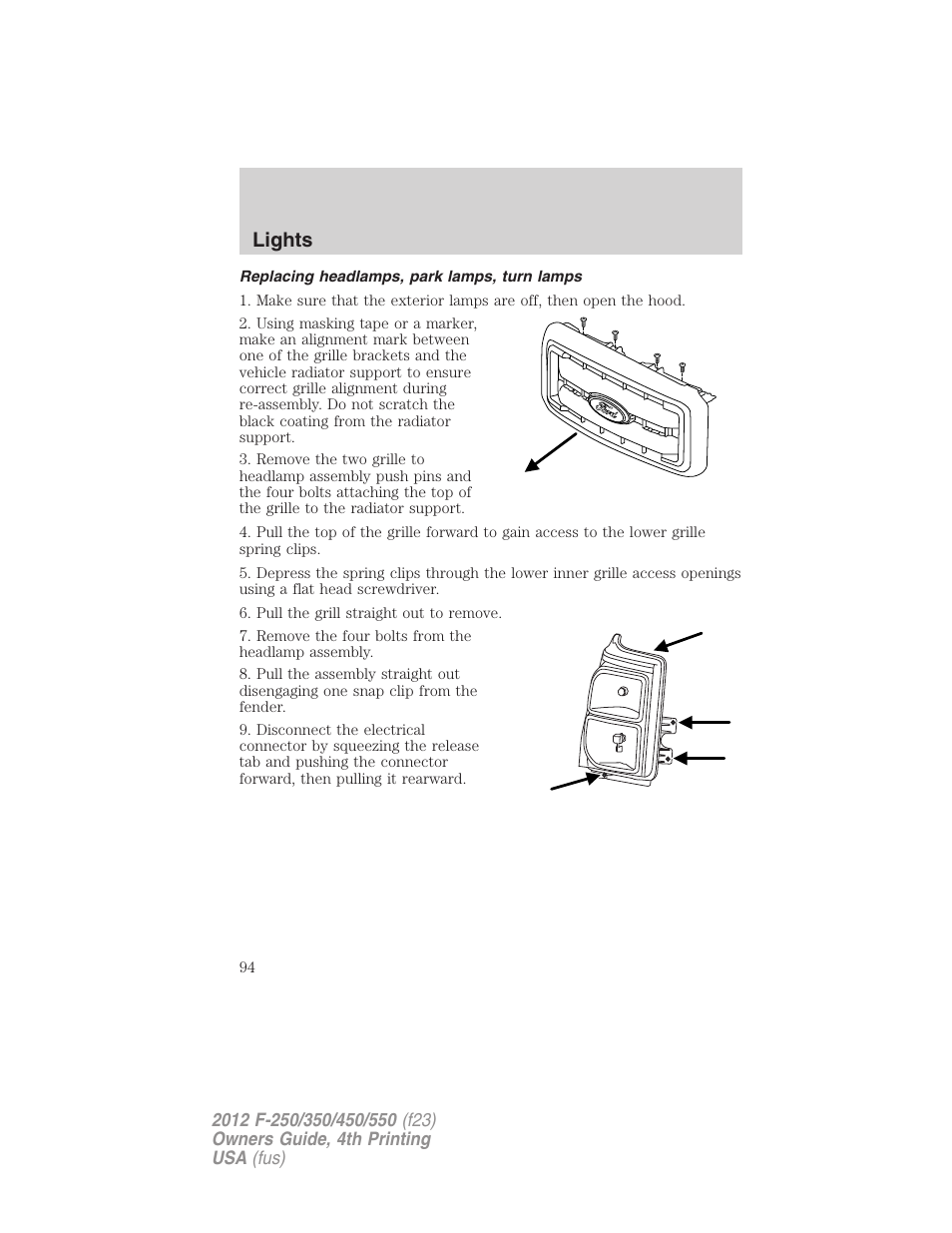 Replacing headlamps, park lamps, turn lamps, Lights | FORD 2012 F-250 User Manual | Page 94 / 448