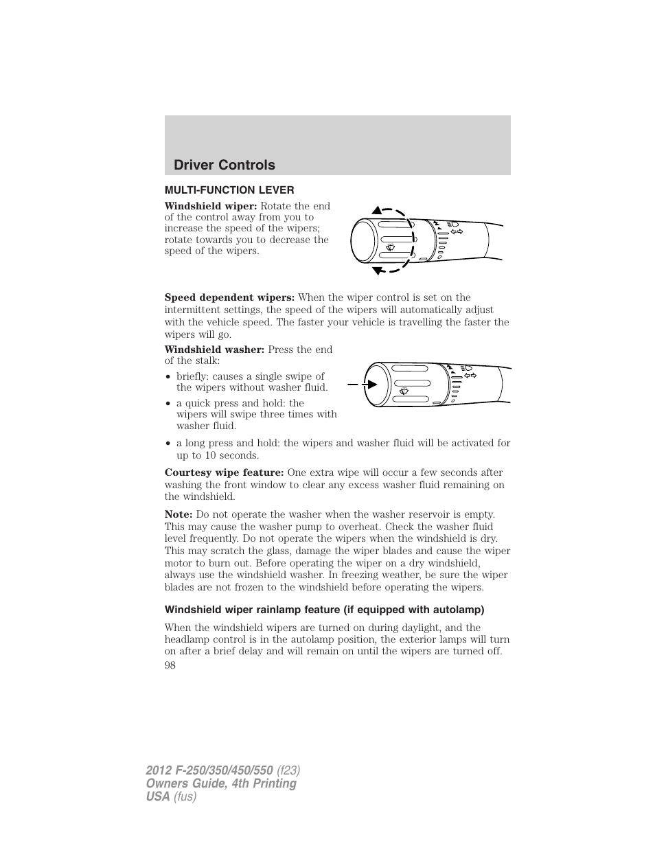 Driver controls, Multi-function lever, Windshield wiper/washer control | FORD 2012 F-250 User Manual | Page 98 / 448