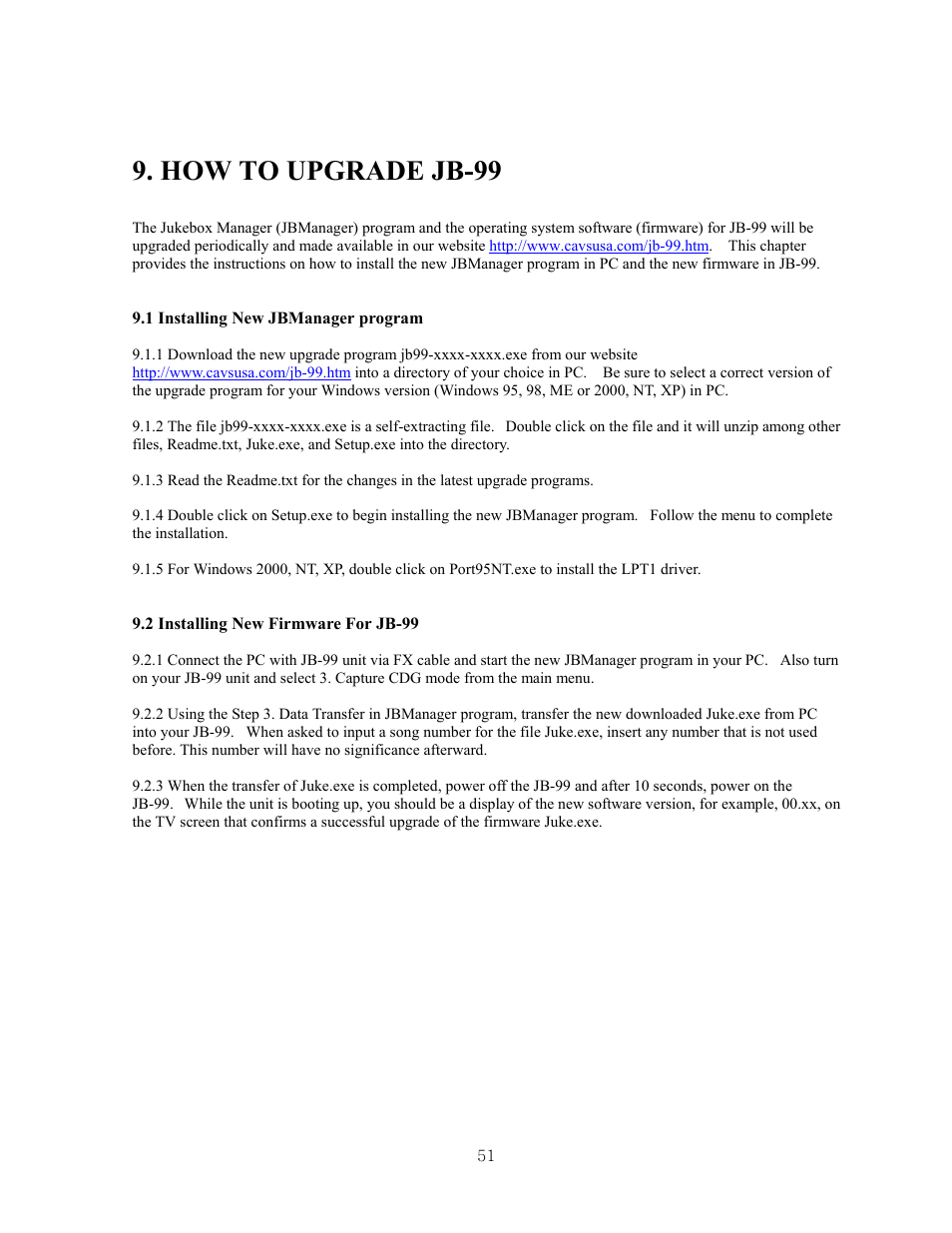 How to upgrade jb-99 | CAVS JB-99 User Manual | Page 51 / 56