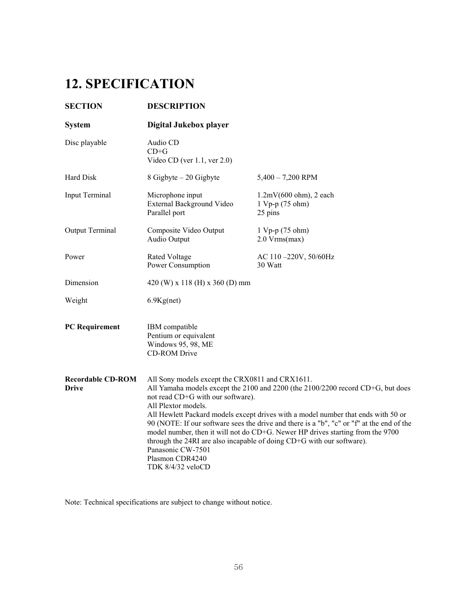 Specification | CAVS JB-99 User Manual | Page 56 / 56
