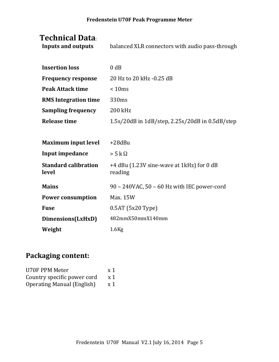 Technical data, Packaging content | Fredenstein U70F User Manual | Page 6 / 8