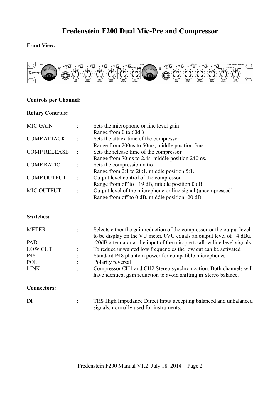 Fredenstein f200 dual mic-pre and compressor | Fredenstein F200 User Manual | Page 3 / 6