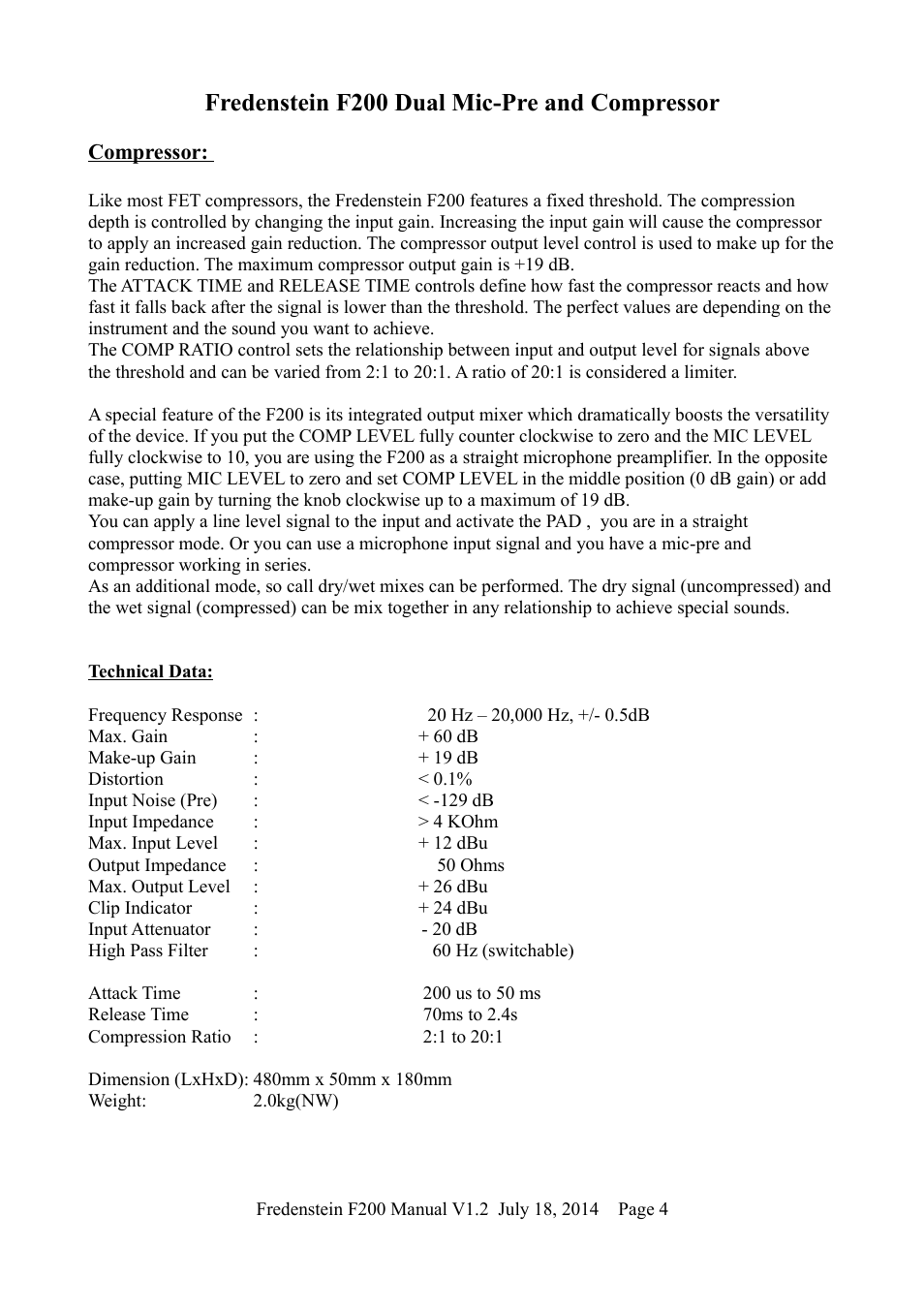 Fredenstein f200 dual mic-pre and compressor | Fredenstein F200 User Manual | Page 5 / 6