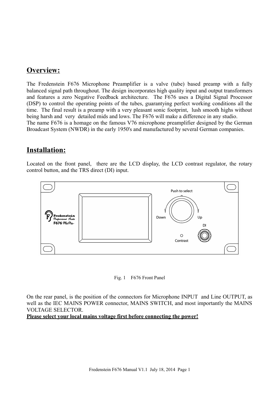 Overview, Installation | Fredenstein F676 User Manual | Page 2 / 9