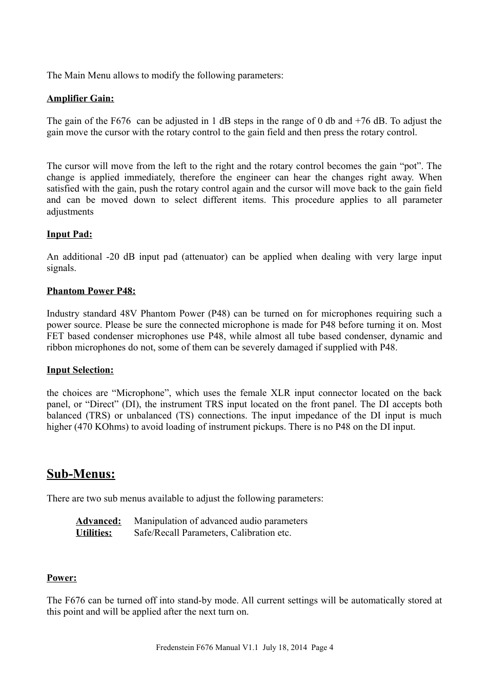 Sub-menus | Fredenstein F676 User Manual | Page 5 / 9