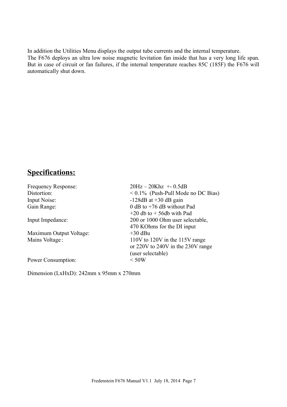 Specifications | Fredenstein F676 User Manual | Page 8 / 9