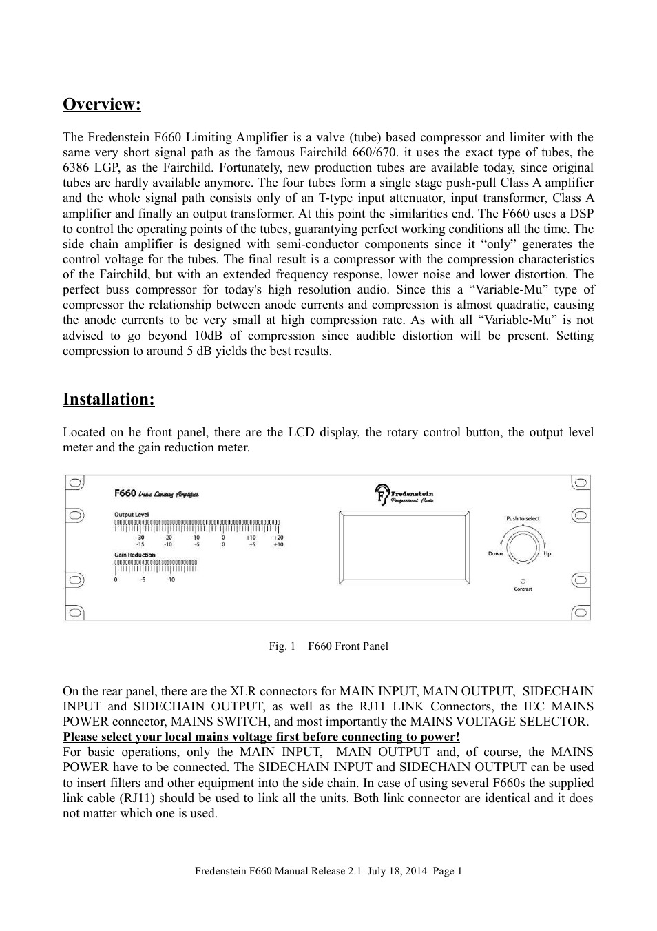 Overview, Installation | Fredenstein F660 User Manual | Page 2 / 9