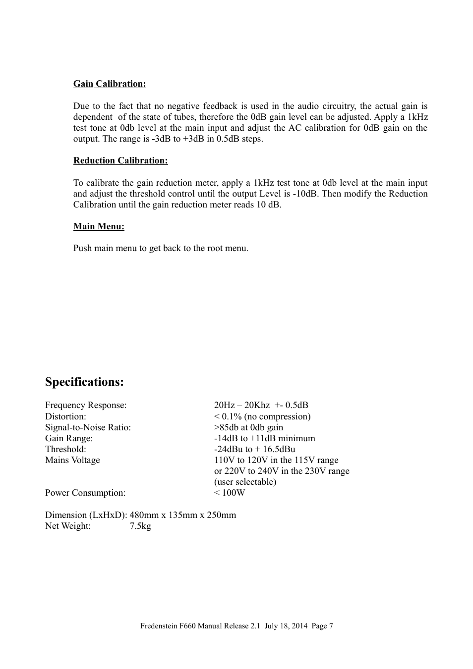 Specifications | Fredenstein F660 User Manual | Page 8 / 9