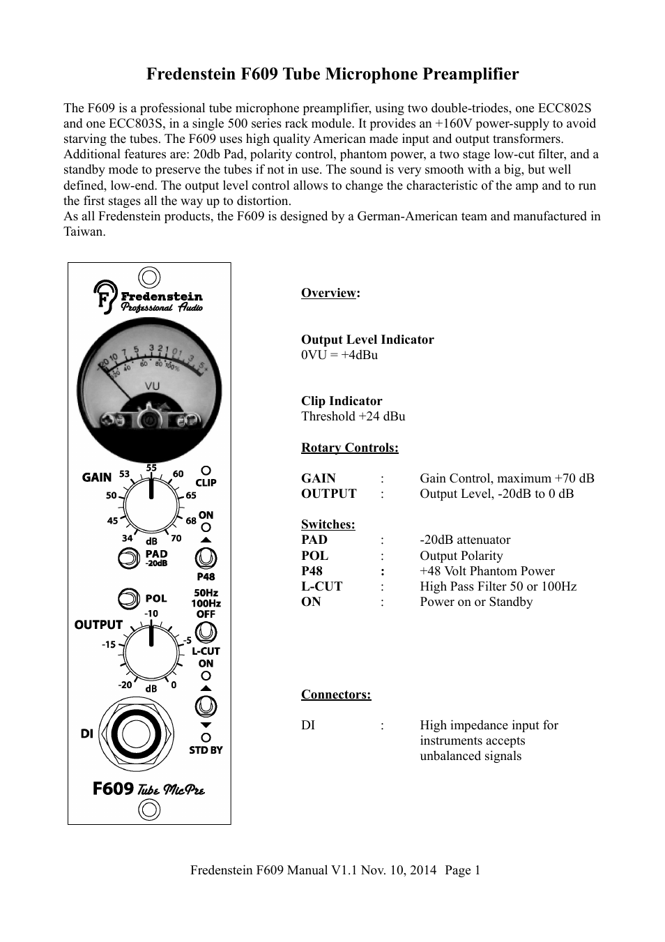 Fredenstein f609 tube microphone preamplifier | Fredenstein F609 User Manual | Page 2 / 5