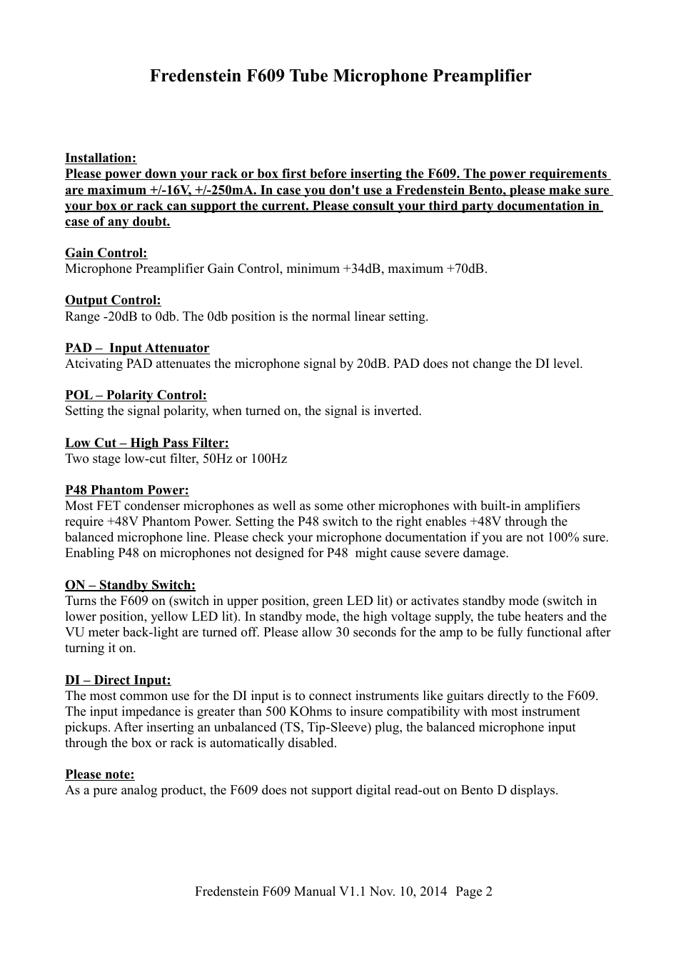 Fredenstein f609 tube microphone preamplifier | Fredenstein F609 User Manual | Page 3 / 5