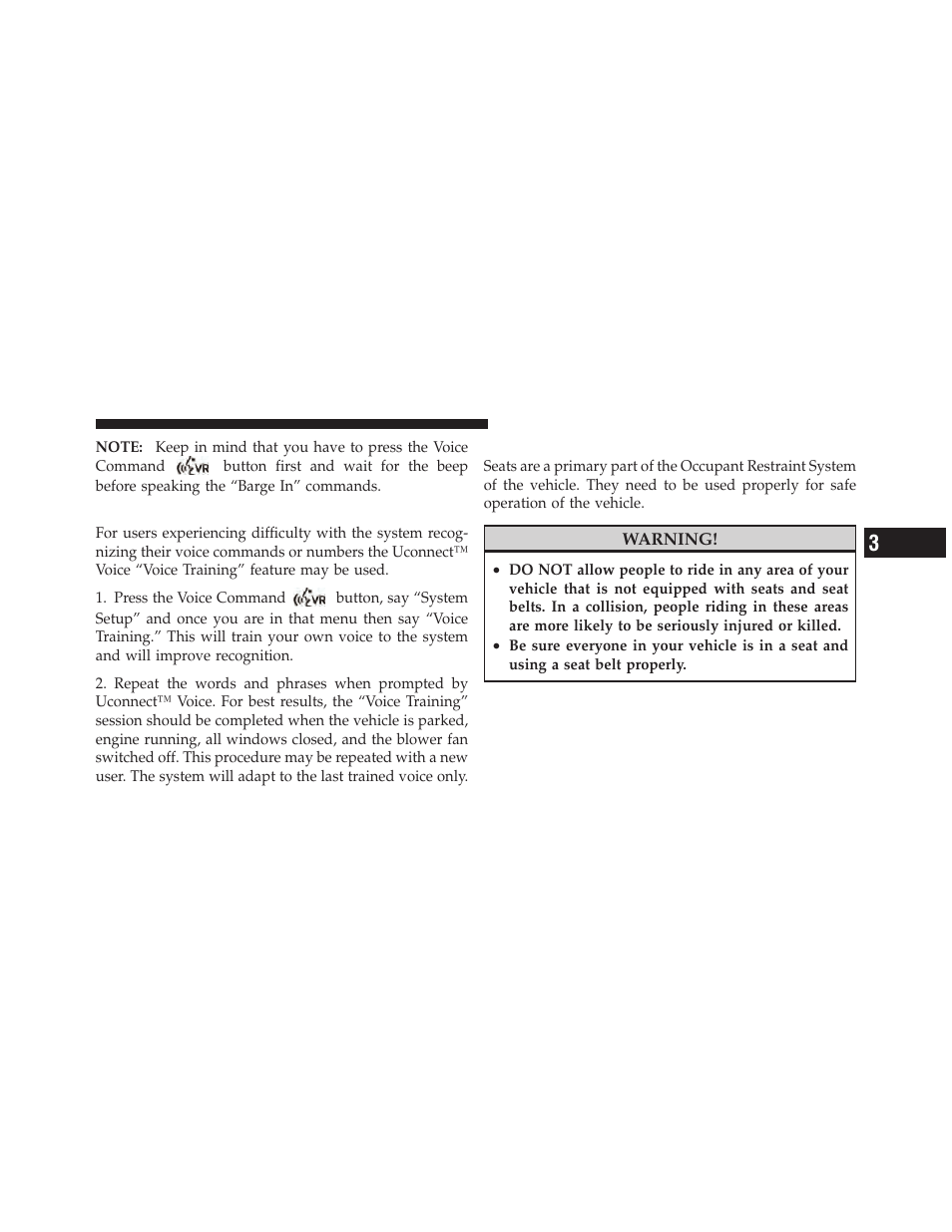Voice training, Seats | Chrysler 300SRT User Manual | Page 128 / 465