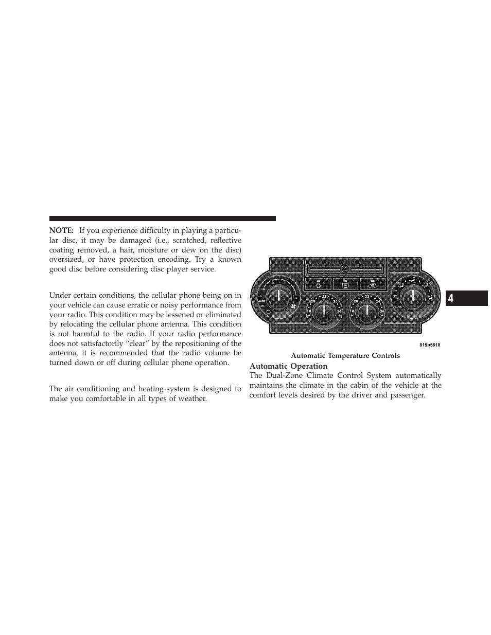 Radio operation and cellular phones, Climate controls, Automatic temperature control | Chrysler 300SRT User Manual | Page 264 / 465