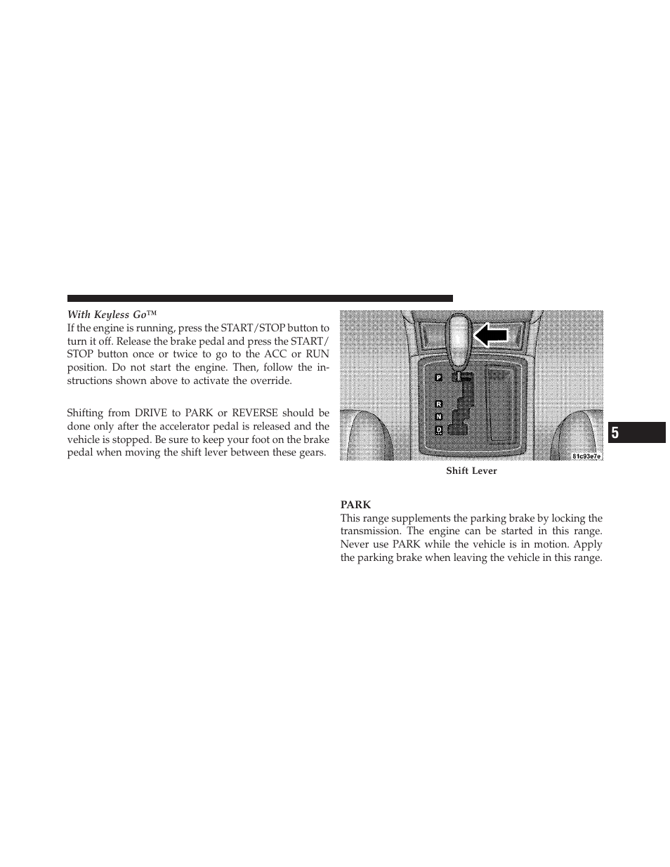 Five-speed automatic transmission, Gear ranges | Chrysler 300SRT User Manual | Page 286 / 465