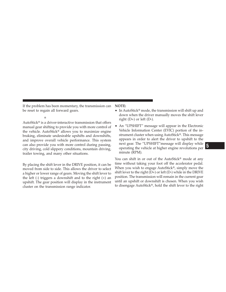 Autostick, Operation | Chrysler 300SRT User Manual | Page 290 / 465