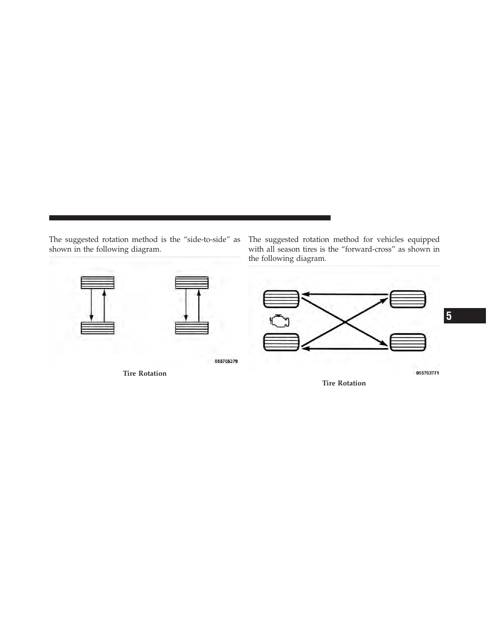 Tire rotation – standard tires, Tire rotation – all season tires | Chrysler 300SRT User Manual | Page 326 / 465