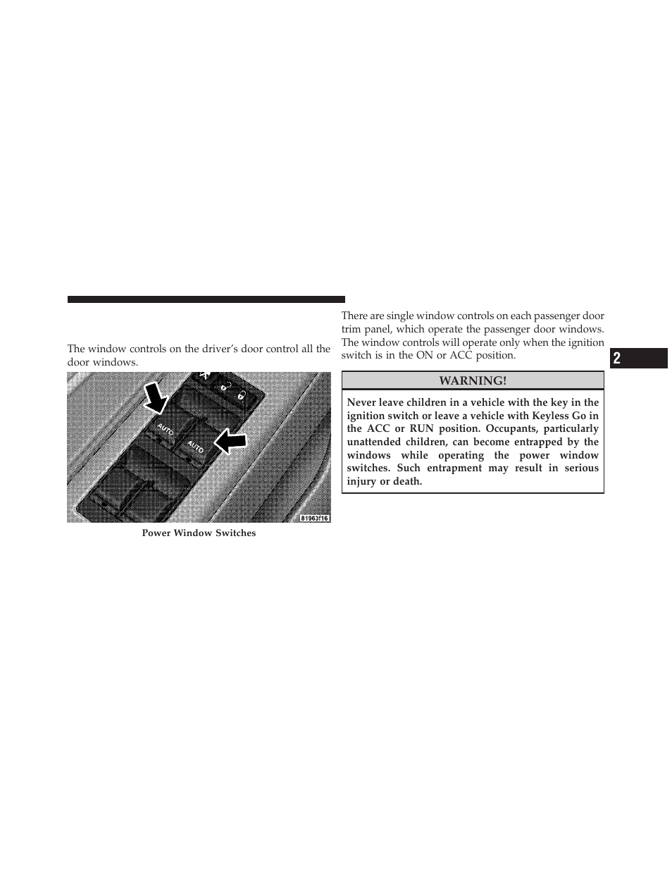 Windows, Power windows | Chrysler 300SRT User Manual | Page 38 / 465