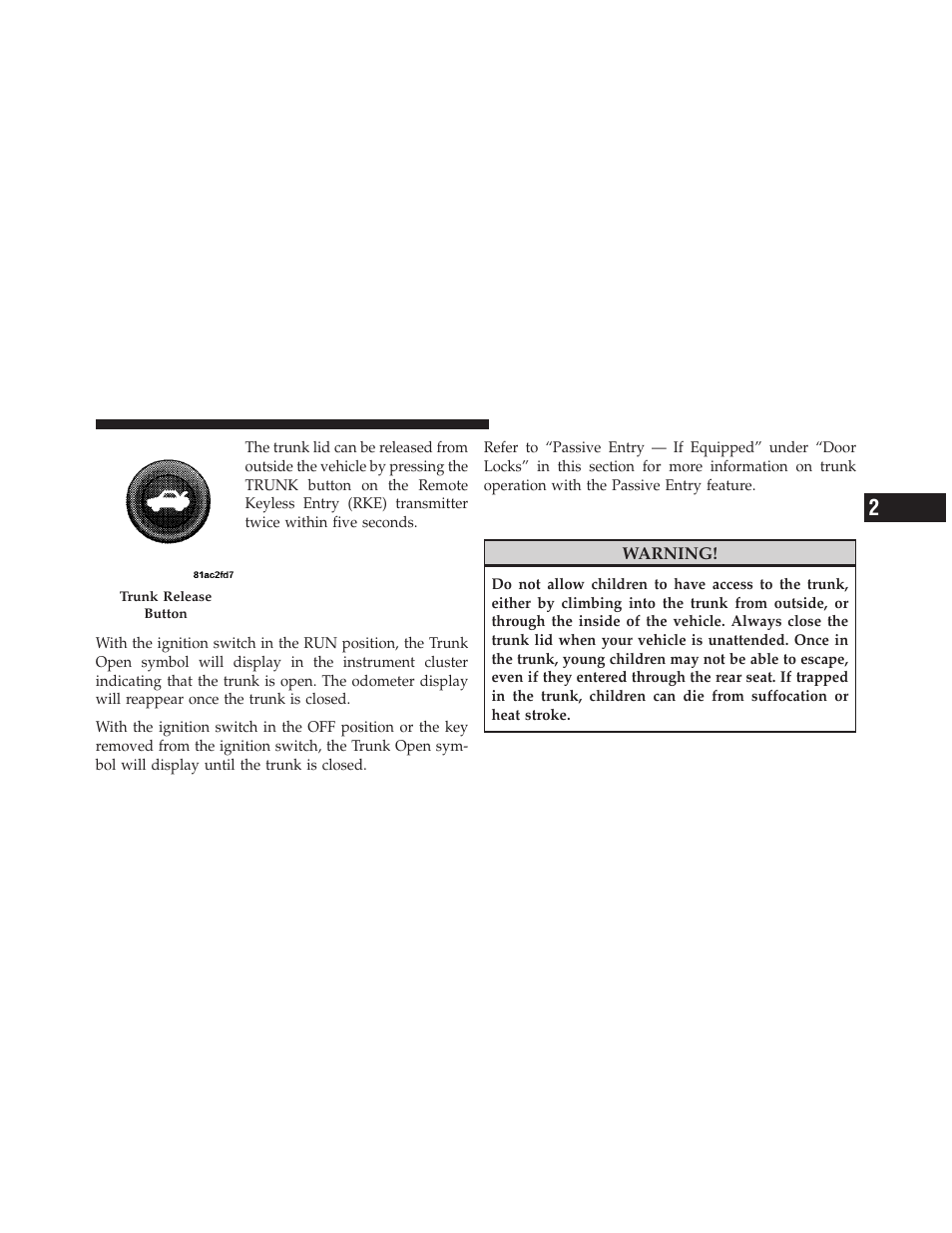 Trunk safety warning | Chrysler 300SRT User Manual | Page 42 / 465