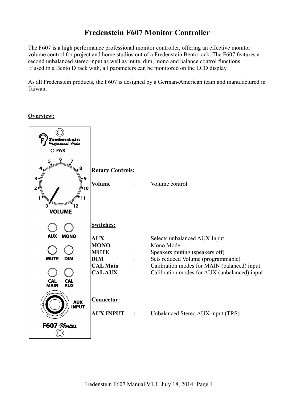 Fredenstein f607 monitor controller | Fredenstein F607 User Manual | Page 2 / 5