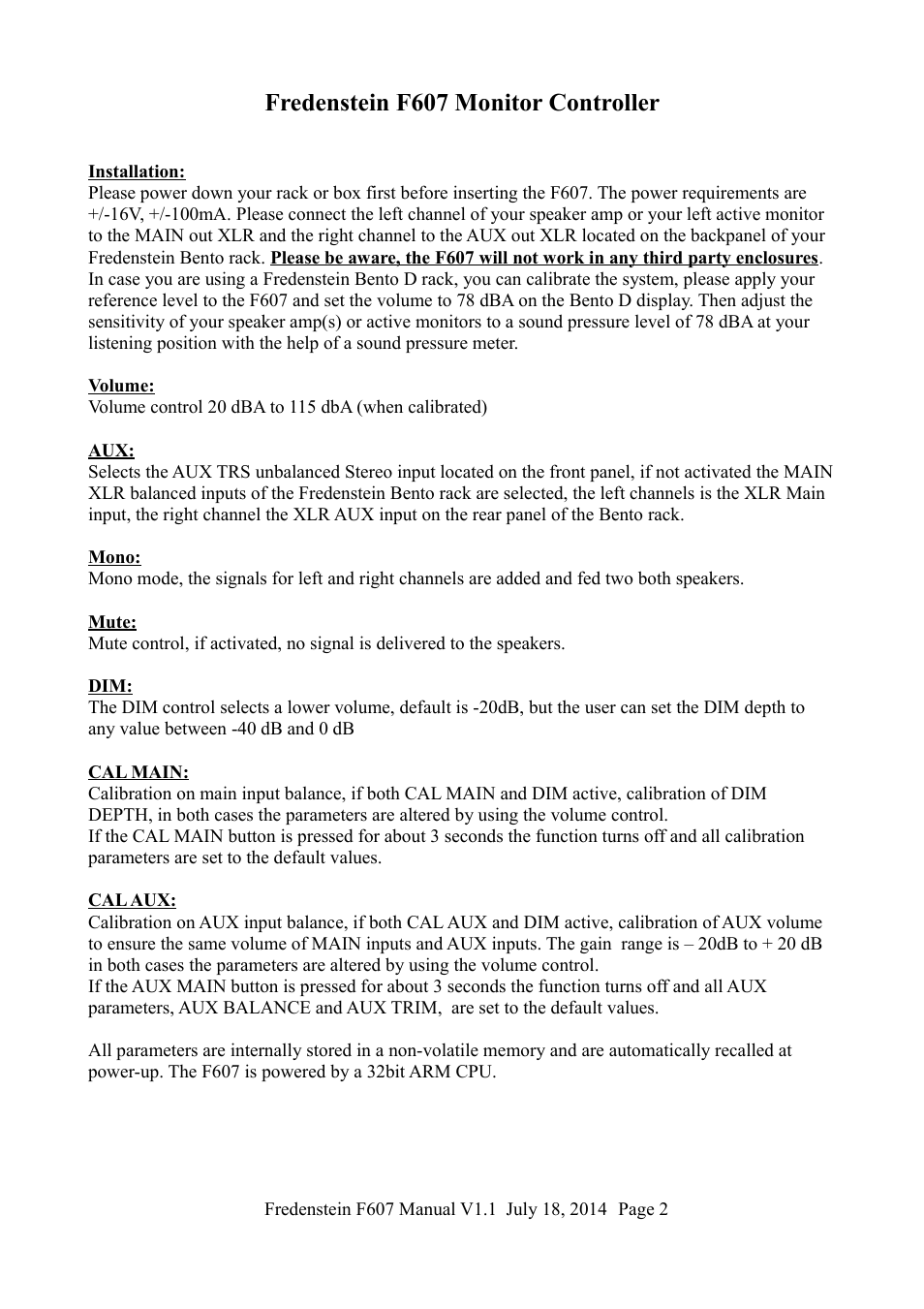 Fredenstein f607 monitor controller | Fredenstein F607 User Manual | Page 3 / 5