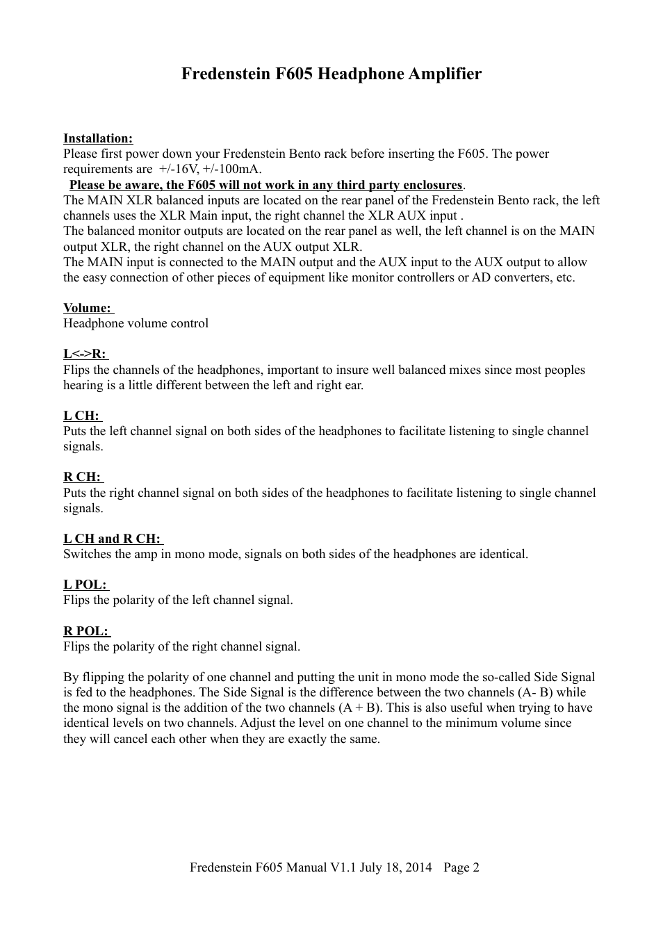 Fredenstein f605 headphone amplifier | Fredenstein F605 User Manual | Page 3 / 5