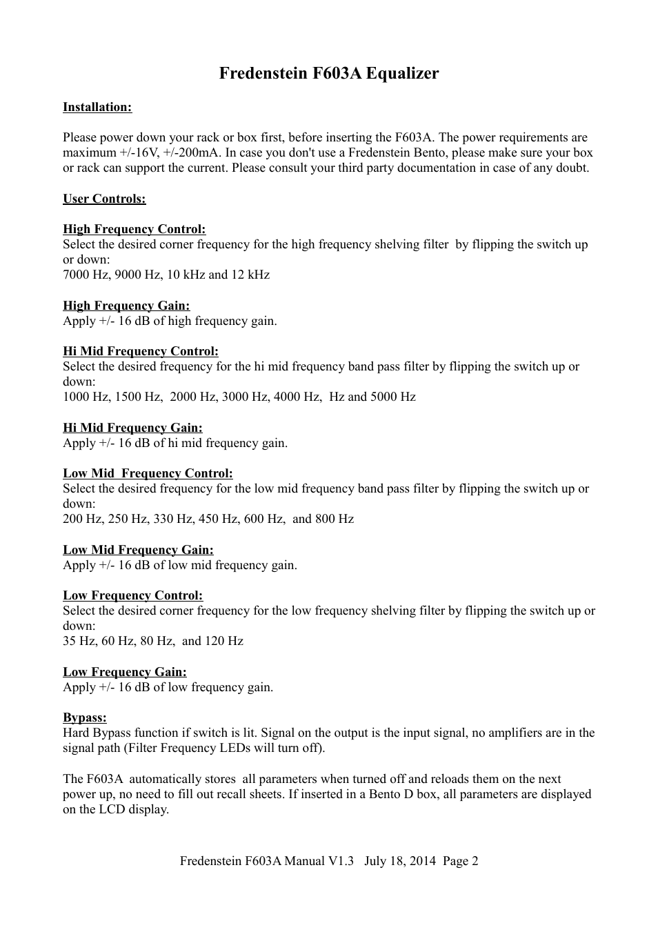 Fredenstein f603a equalizer | Fredenstein F603A User Manual | Page 3 / 5