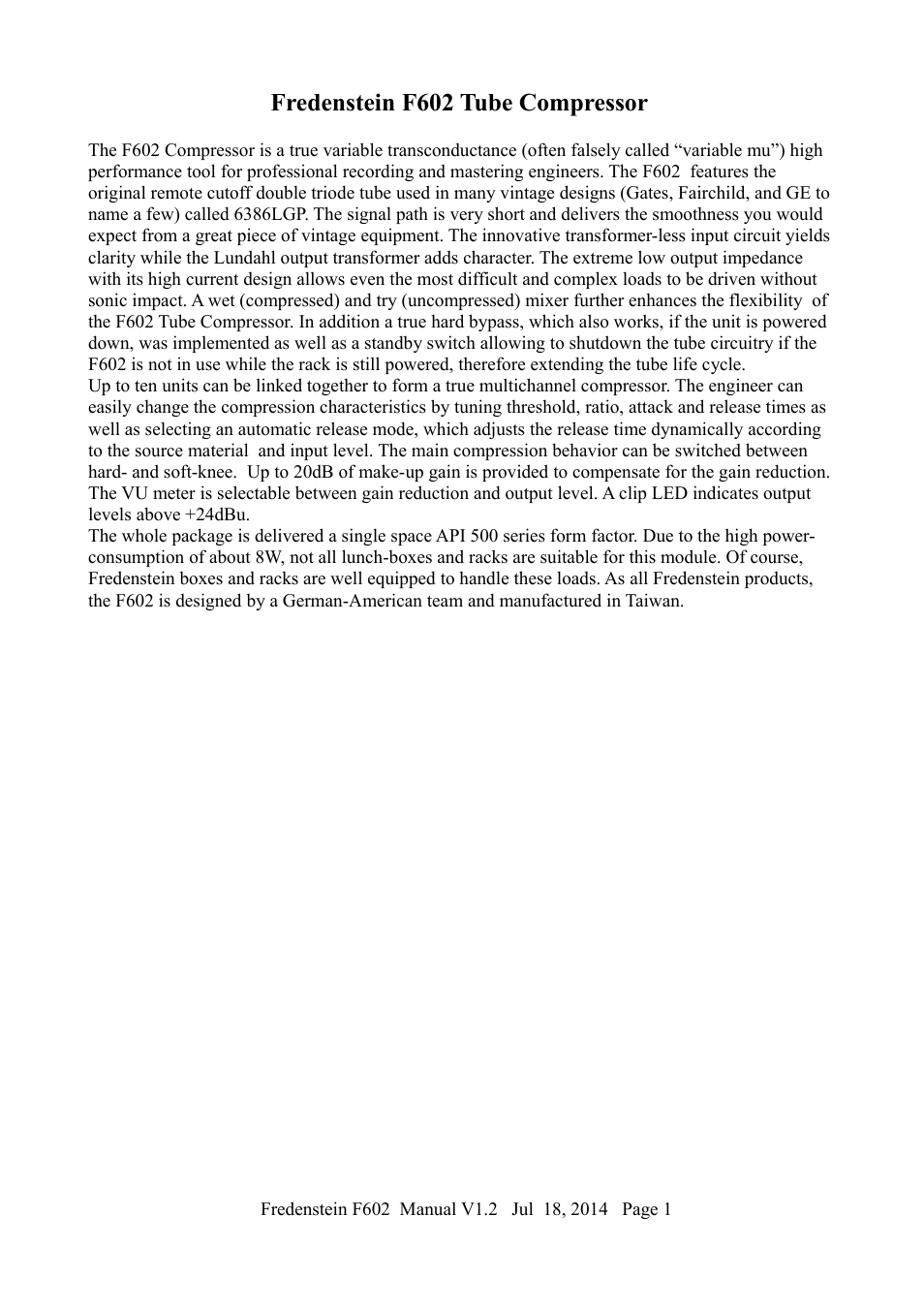 Fredenstein f602 tube compressor | Fredenstein F602 User Manual | Page 2 / 6