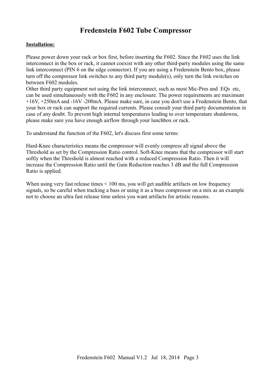 Fredenstein f602 tube compressor | Fredenstein F602 User Manual | Page 4 / 6