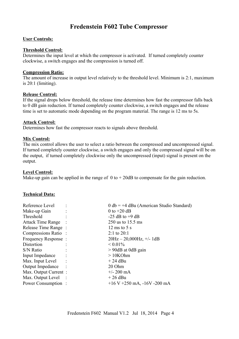 Fredenstein f602 tube compressor | Fredenstein F602 User Manual | Page 5 / 6