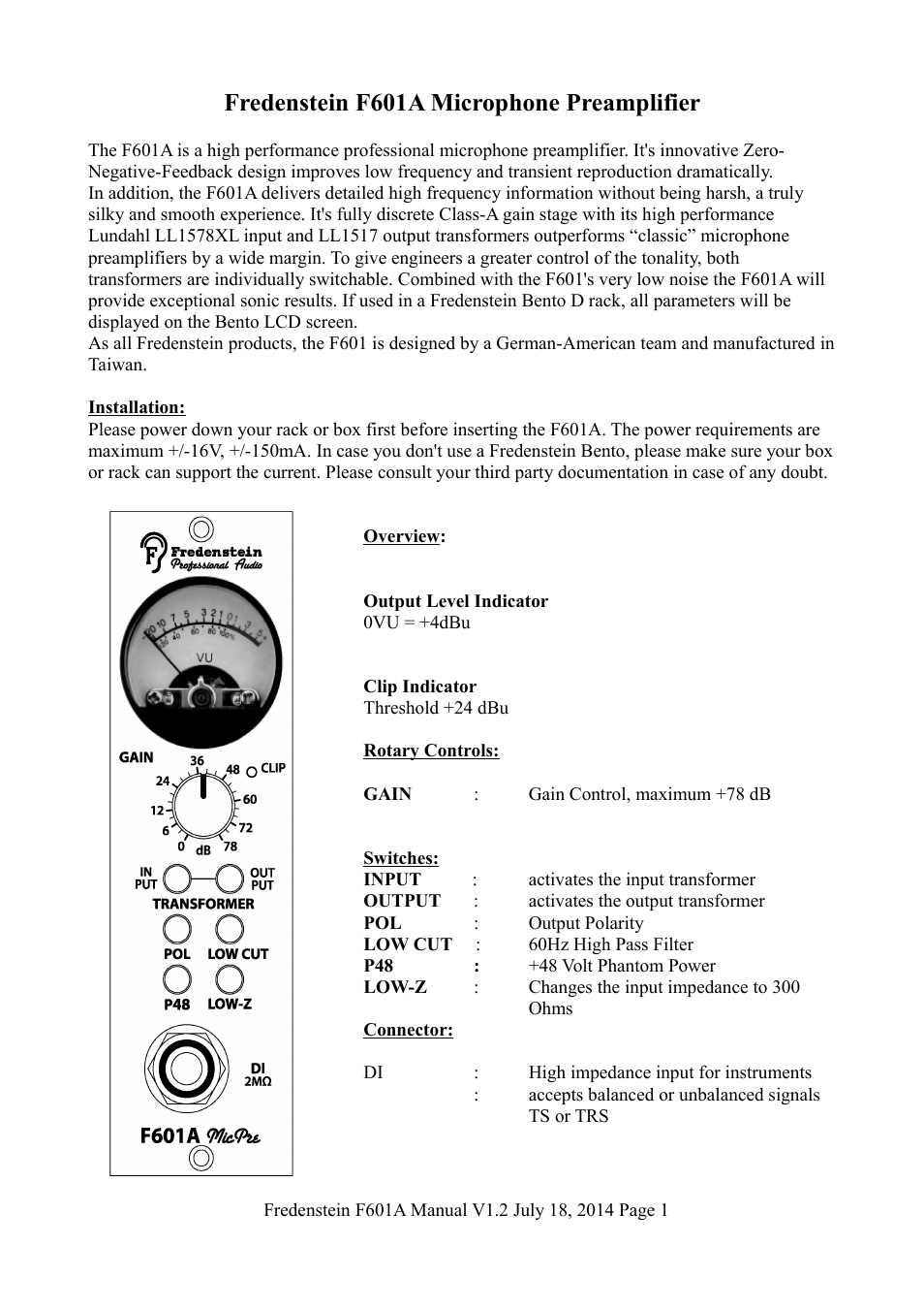 Fredenstein f601a microphone preamplifier | Fredenstein F601A User Manual | Page 2 / 5
