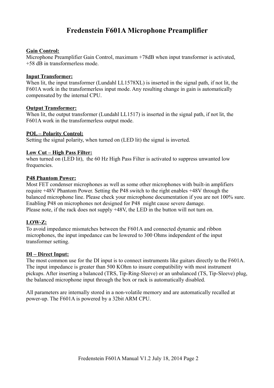 Fredenstein f601a microphone preamplifier | Fredenstein F601A User Manual | Page 3 / 5