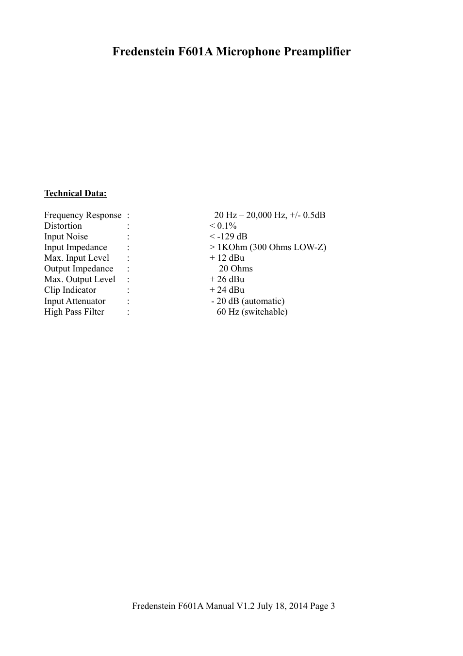 Fredenstein f601a microphone preamplifier | Fredenstein F601A User Manual | Page 4 / 5