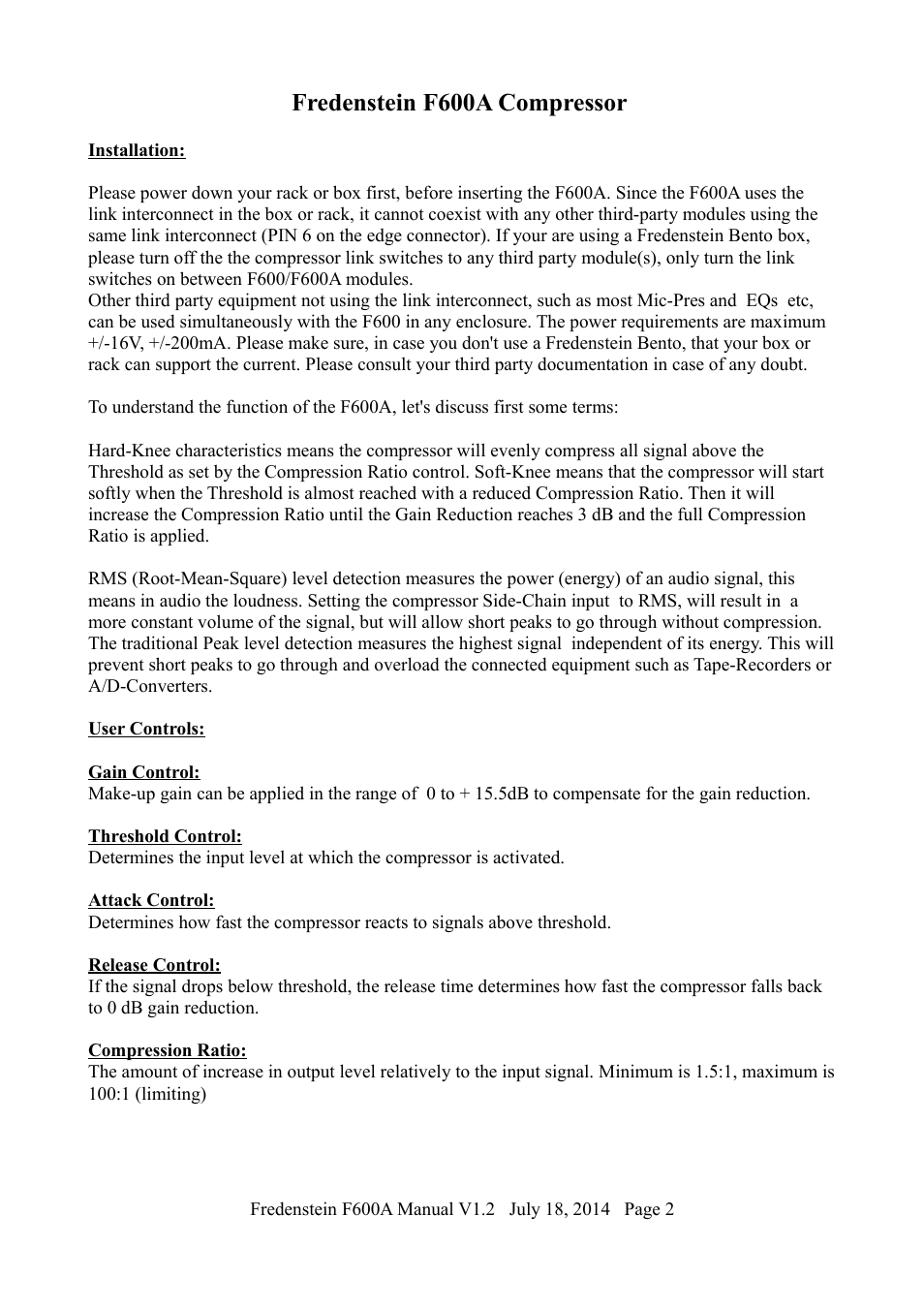 Fredenstein f600a compressor | Fredenstein F600A User Manual | Page 3 / 6