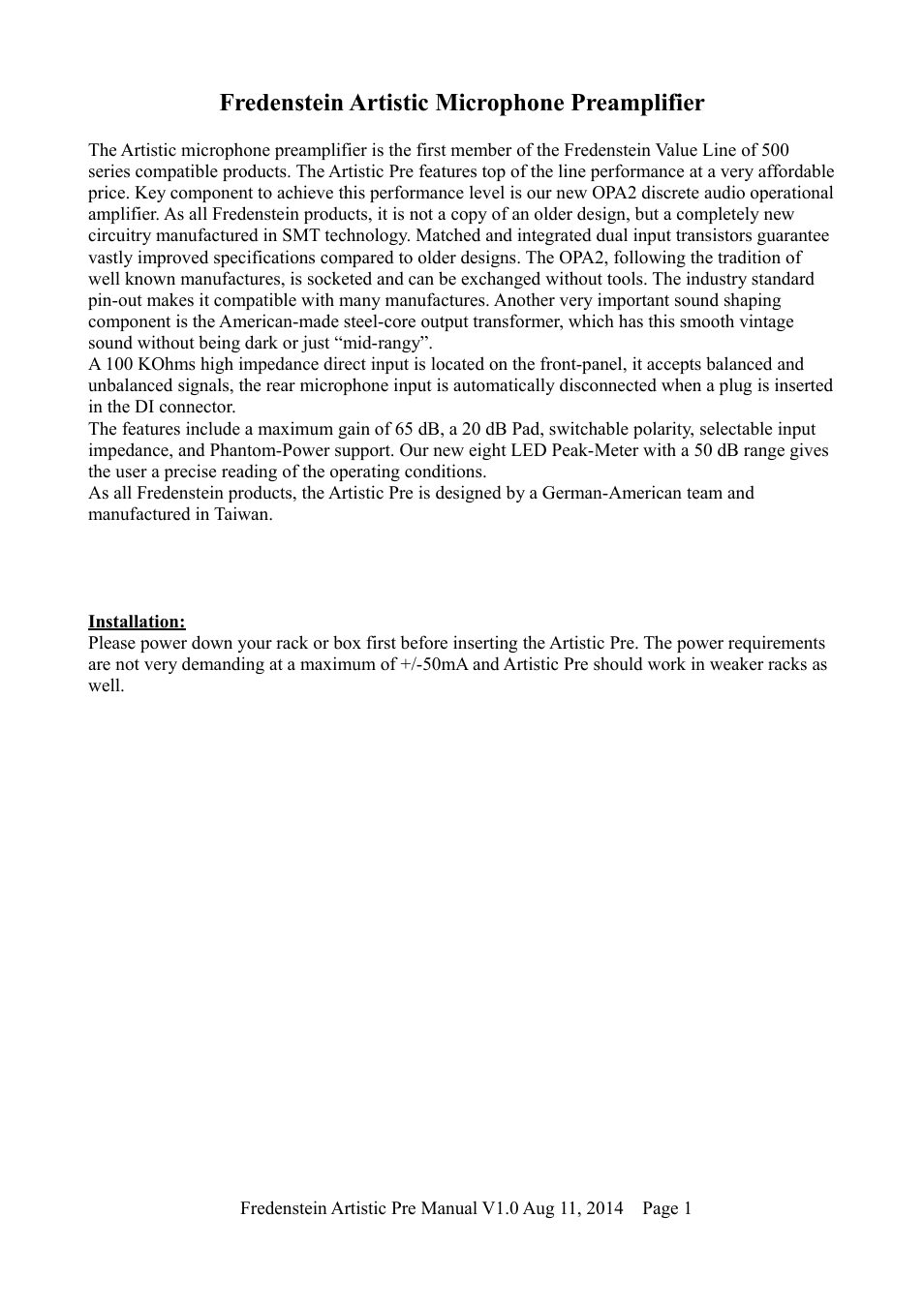 Fredenstein artistic microphone preamplifier | Fredenstein Artistic MIC-PRE User Manual | Page 2 / 5