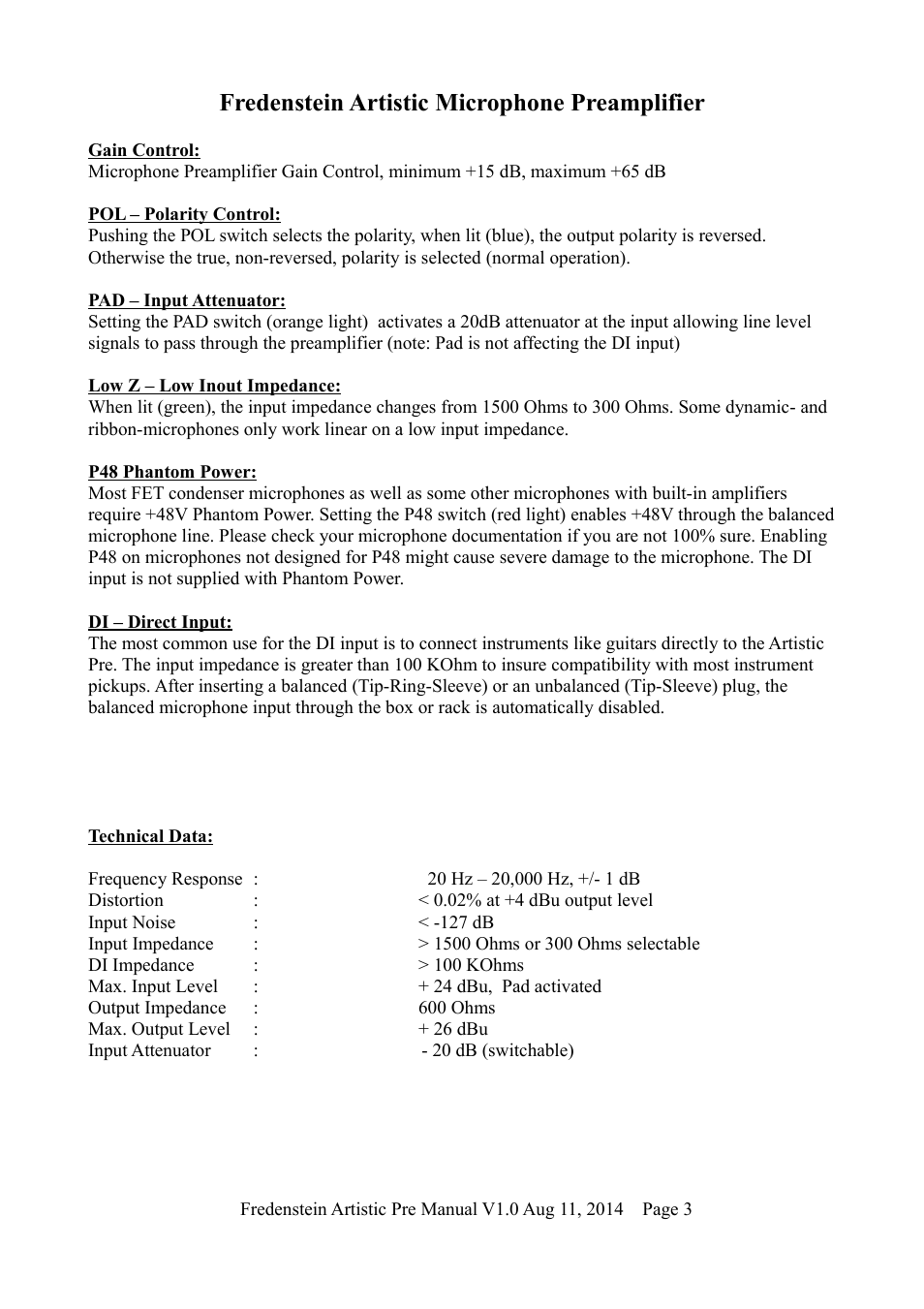 Fredenstein artistic microphone preamplifier | Fredenstein Artistic MIC-PRE User Manual | Page 4 / 5