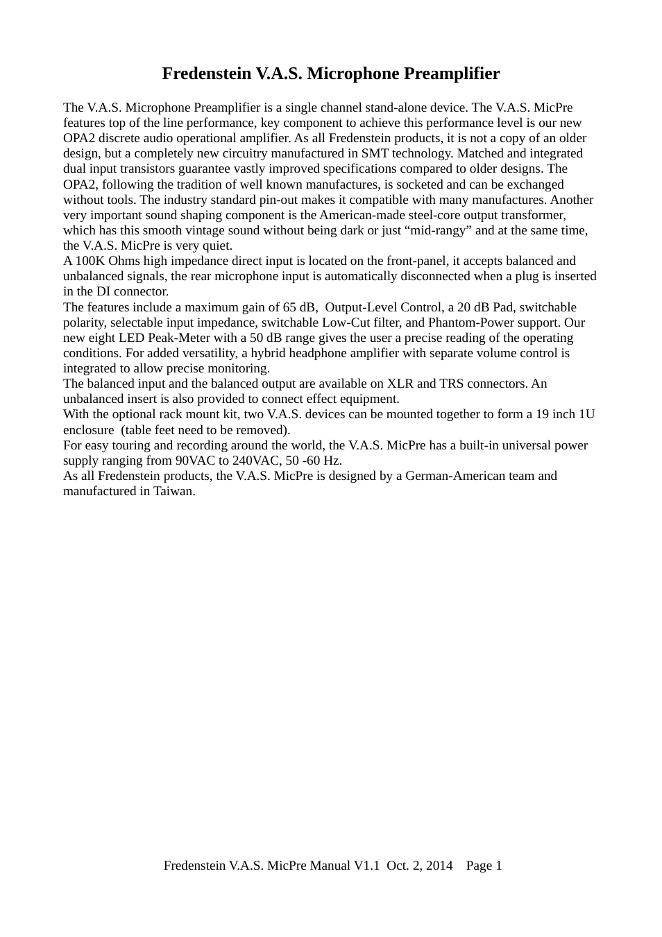 Fredenstein v.a.s. microphone preamplifier | Fredenstein V.A.S. MIC-PRE User Manual | Page 2 / 7