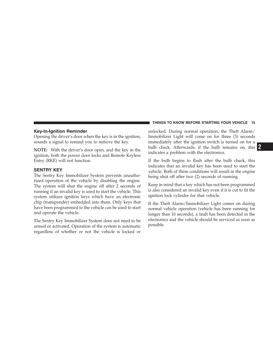 Key-in-ignition reminder, Sentry key | Chrysler 2006 PT Cruiser Sedan User Manual | Page 15 / 464