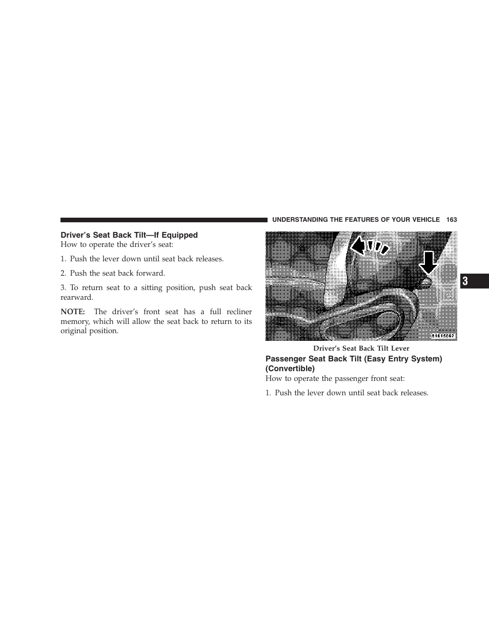 Driver’s seat back tilt—if equipped, Passenger seat back tilt (easy entry system), Convertible) | Chrysler 2006 PT Cruiser Sedan User Manual | Page 163 / 464