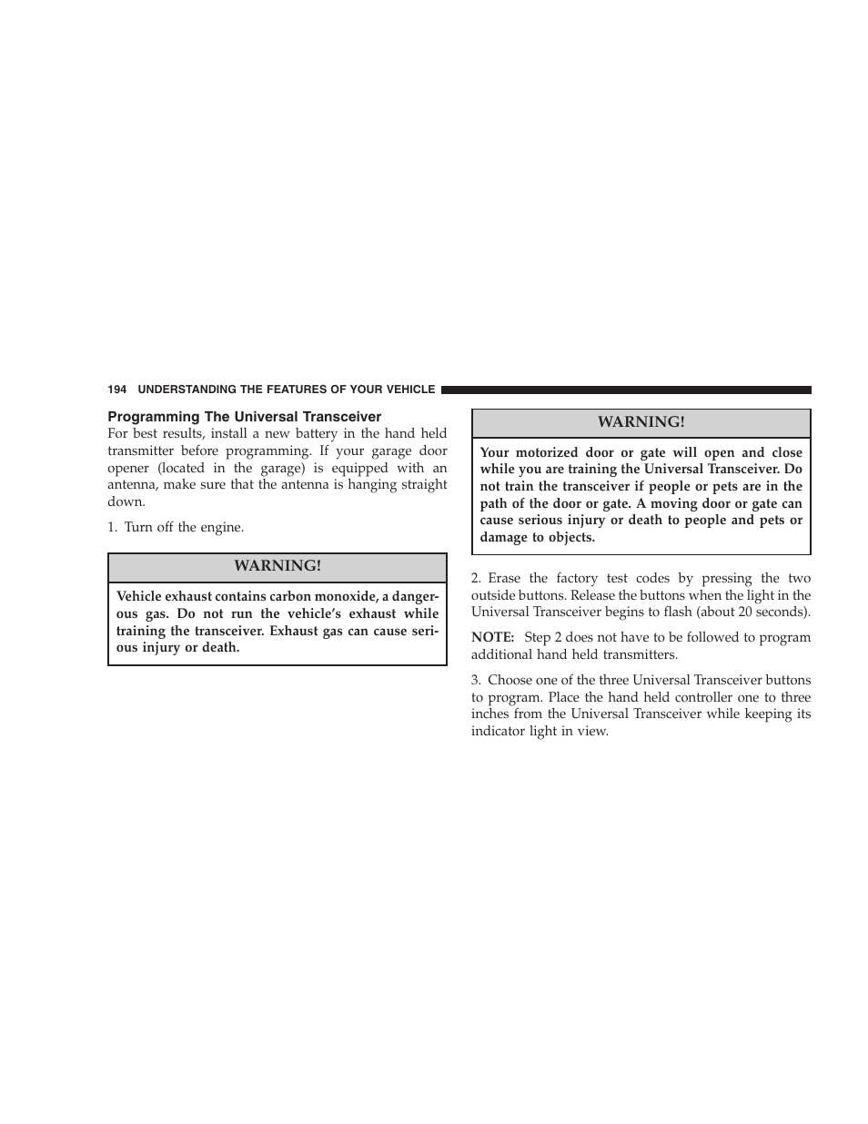 Programming the universal transceiver | Chrysler 2006 PT Cruiser Sedan User Manual | Page 194 / 464