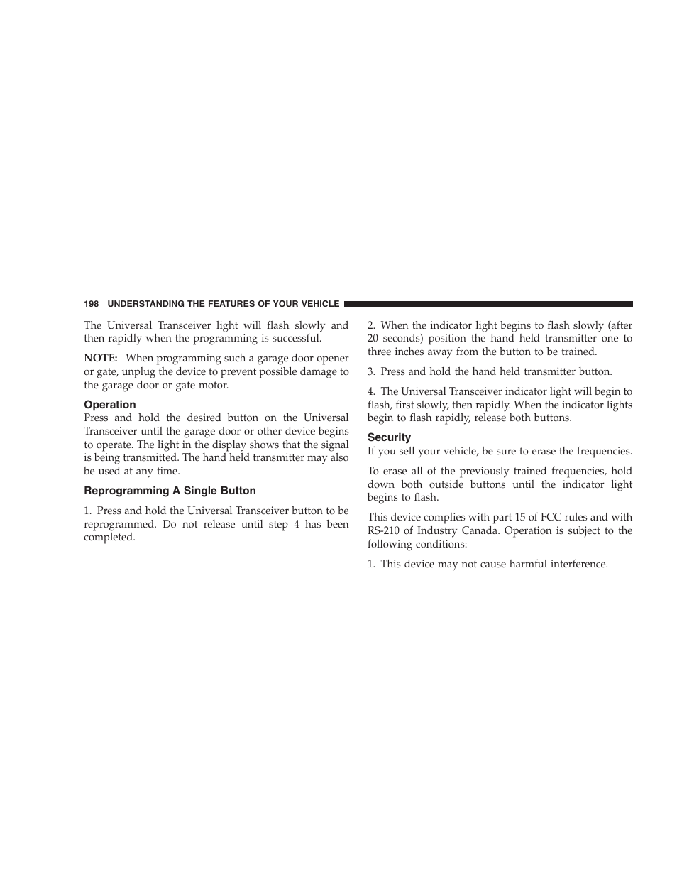Operation, Reprogramming a single button, Security | Chrysler 2006 PT Cruiser Sedan User Manual | Page 198 / 464