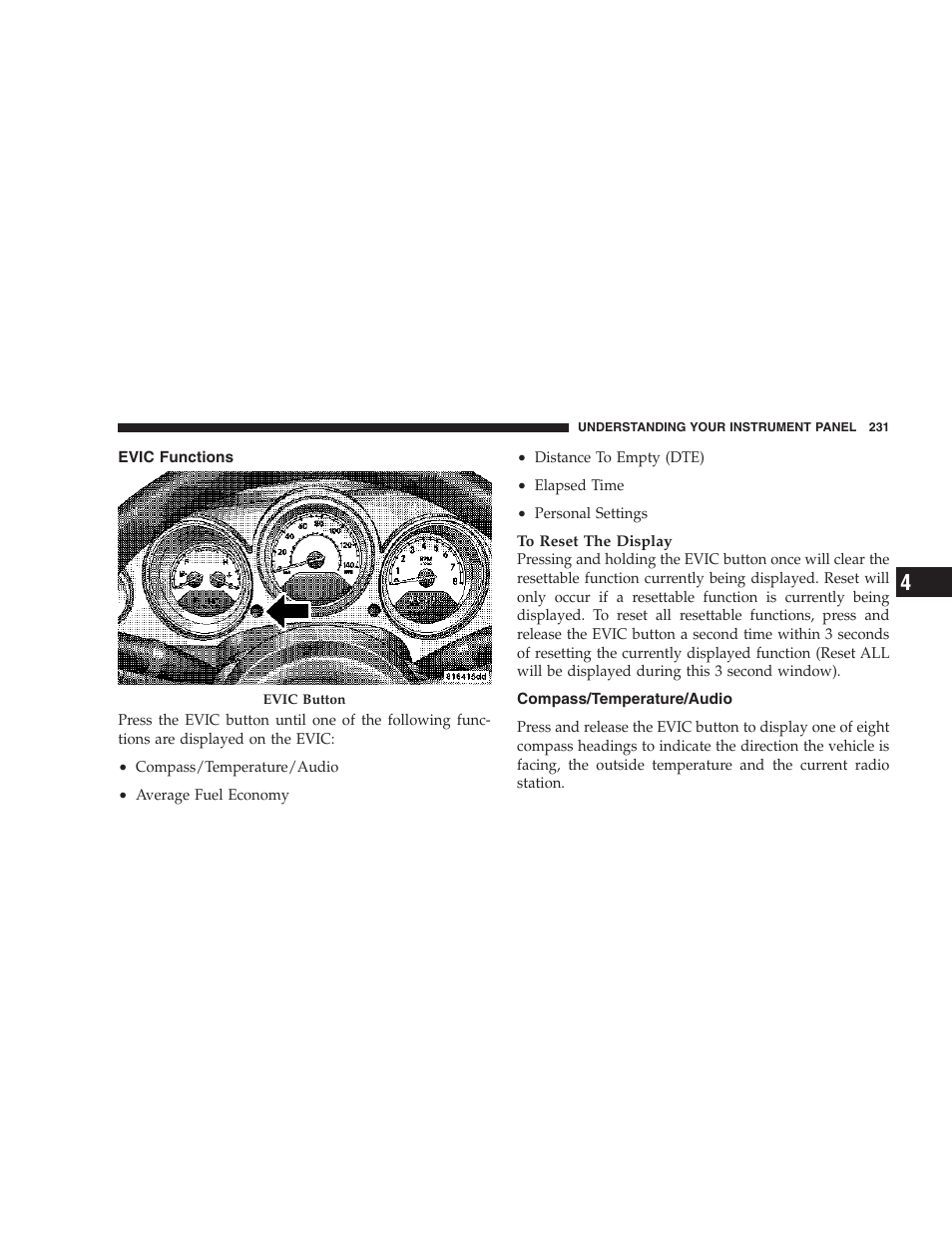 Evic functions, Compass/temperature/audio | Chrysler 2006 PT Cruiser Sedan User Manual | Page 231 / 464