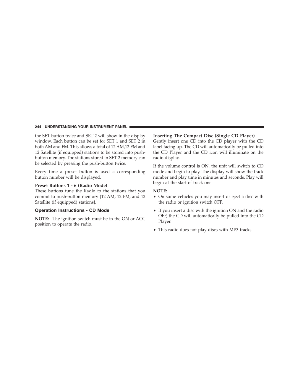 Operation instructions - cd mode | Chrysler 2006 PT Cruiser Sedan User Manual | Page 244 / 464