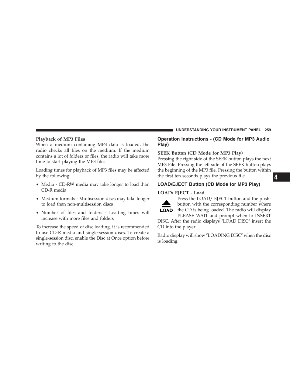 Operation instructions - (cd mode for, Mp3 audio play), Load/eject button (cd mode for mp3 play) | Chrysler 2006 PT Cruiser Sedan User Manual | Page 259 / 464